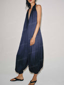 Relaxed Deep V-Neck Pleated Wide Leg Jumpsuit