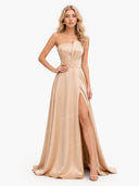 Elegant Strapless Pleated High-Slit Satin Maxi Dress