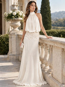 Halter Neck Lace Waist Maxi Dress