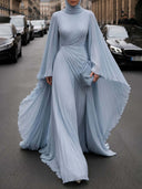 Elegant Pleated High-Neck Cape Sleeve Chiffon Maxi Dress