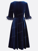 Elegant Velvet Feather Cuff Midi Dress