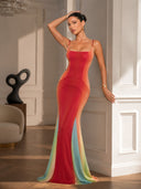 Elegant Gradient Ombre Satin Mermaid Maxi Dress