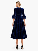 Elegant Velvet Feather Cuff Midi Dress