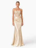 Elegant Floral Lace Strapless Satin Maxi Dress