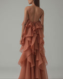 Elegant  3D Flower Ruffle Halter Maxi Dress