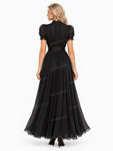 Elegant Lace Trim Pleated Chiffon Maxi Dress