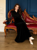 Vintage Black Velvet Lace Sleeves Evening Dress