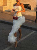 Elegant Strapless Feather Trim High Slit Satin Party Maxi Dress