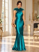 Elegant Feather Trim Satin Halter Mermaid Maxi Dress