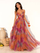 Elegant Painted Floral Print V-Neck A-Line Maxi Dress