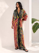 V-Neck Printed Slit Streamer Design Maxi Dress