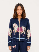 Exquisite Satin Horse Print Zip-Up Shirt