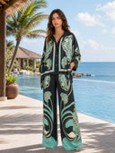 Elegant Abstract Print Satin Shirt & Wide Leg Pants Set