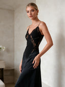 Elegant Satin Lace Patchwork Backless Maxi Dress