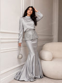 Elegant Satin Mock Neck Top & Mermaid Maxi Skirt Two-Piece Set