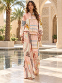 Casual Artistic Print Zip-Up Shirt & Wide-Leg Pants Two-Piece Set