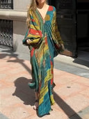 Retro Abstract Print V-Neck Balloon Sleeve Maxi Dress
