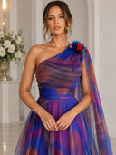 Elegant One-Shoulder Printed Tulle Cape Maxi Dress
