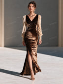 Velvet Contrast Sleeve Ruched High-Slit Maxi Dress