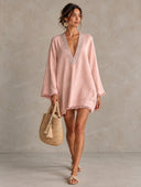 Embellished V-Neck Fringe Trim Kaftan Mini Dress
