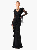 Lace-sleeve Spliced Pleated Maxi Dress