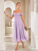 Elegant Peplum Pleated Chiffon Off The Shoulder Sleeveless A-Line Midi Dress