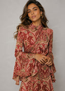 Elegant Paisley Print Flare Sleeve Asymmetric Maxi Dress