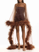 Feather Trim Sheer Cape Mini Dress