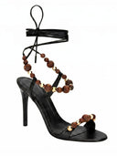 Wood Beaded Ankle-Wrap Stiletto Heeled Sandals
