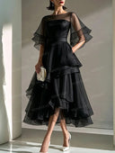 Elegant Emerald Green Sheer Ruffle Midi Dress