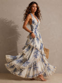 Boho Floral Halter Lace-Up Ruffle Maxi Dress