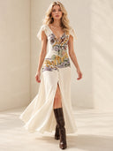 Elegant Artistic Print Front Slit Maxi Dress