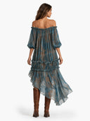 Bohemian Off-Shoulder Ruffled Sheer High-Low Midi Dress
