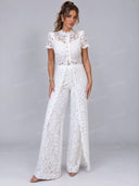 Elegant Lace Button-Front Top & Wide-Leg Pants Set