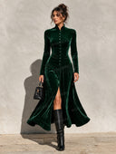 Retro Velvet High Neck Button Front Maxi Dress