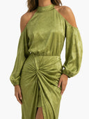 Elegant Satin Off-Shoulder Twist Front Slit Maxi Dress