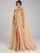 Pleated Cape High Neck Slit Maxi Dress