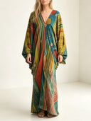 Retro Abstract Print V-Neck Balloon Sleeve Maxi Dress