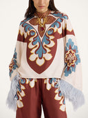 Retro Print Satin Feather Trim Top & Wide-Leg Pants Two-Piece Set