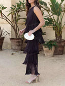 One Shoulder Tiered Fringe Maxi Dress