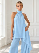 Elegant Halter Neck Asymmetric Chiffon Top & Wide-Leg Pants Set