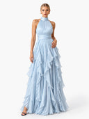 Elegant Backless Ruched Tiered Ruffle Maxi Dress