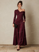 Asymmetric Off Shoulder Ruched Long Sleeve Maxi Dress