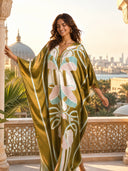 Elegant Floral Print Batwing Sleeve Satin Kaftan Maxi Dress