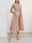 Elegant Pearl Mesh Top & Satin Midi Skirt Set