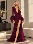 Feather Design Front Slit Maxi Dress