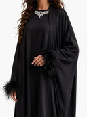 Elegant Feather-Trim Long Cardigan & Maxi Dress Set