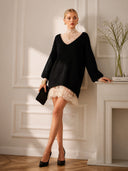 Elegant Lace Trim Knit Mini Dress