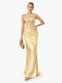 Elegant Blue Embroidery Satin Crew Neck Sleeveless Sheath Maxi Dress