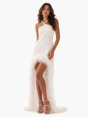 Elegant Pearl Halter Feather Trim Backless Maxi Dress
